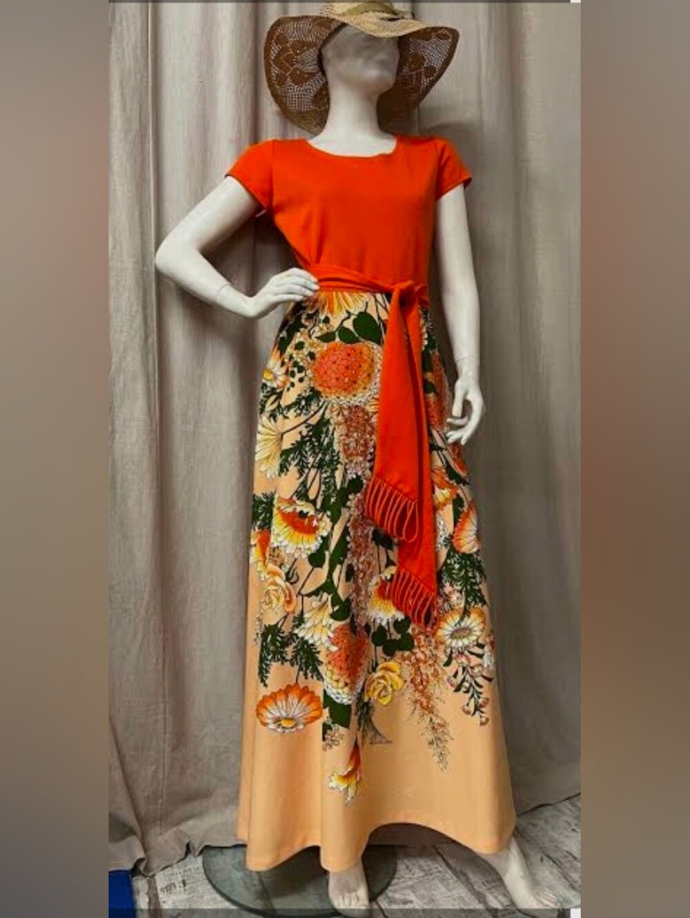 VINTAGE SHAHEEN Orange Floral Maxi Dress with Printed Floral Skirt (No Belt)